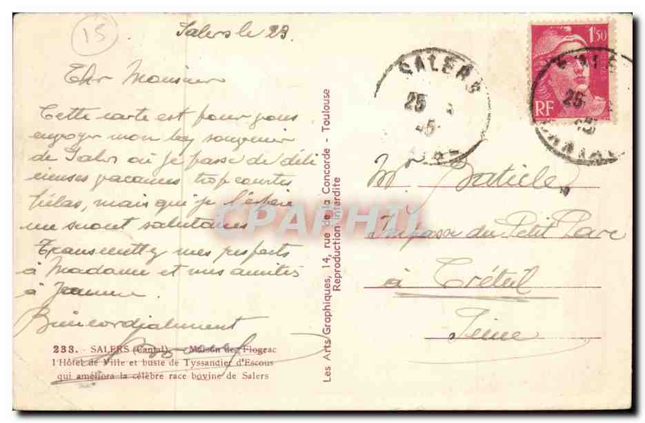Auvergne Cantal CPA Salers Maison de Flogeac Hotel de ville et buste de Tyssandier d'Escous — Verso