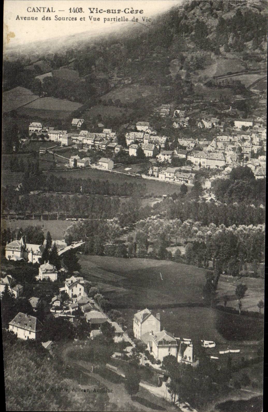 Auvergne Cantal CPA Vic sur Cere Avenue des sources et vue parteille du Vic