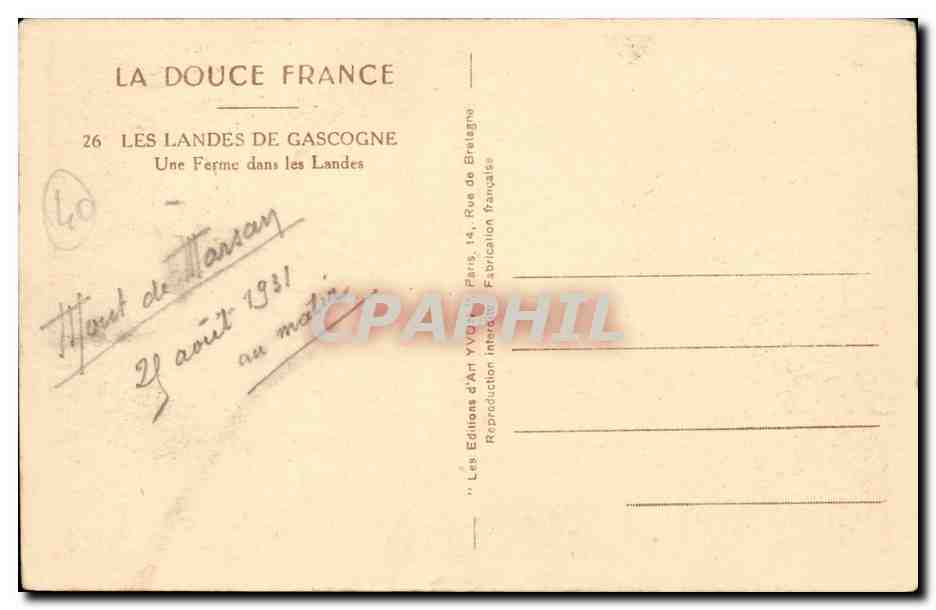 Les Landes de Gascogne CPA Une ferme dans les Landes — Rückseite