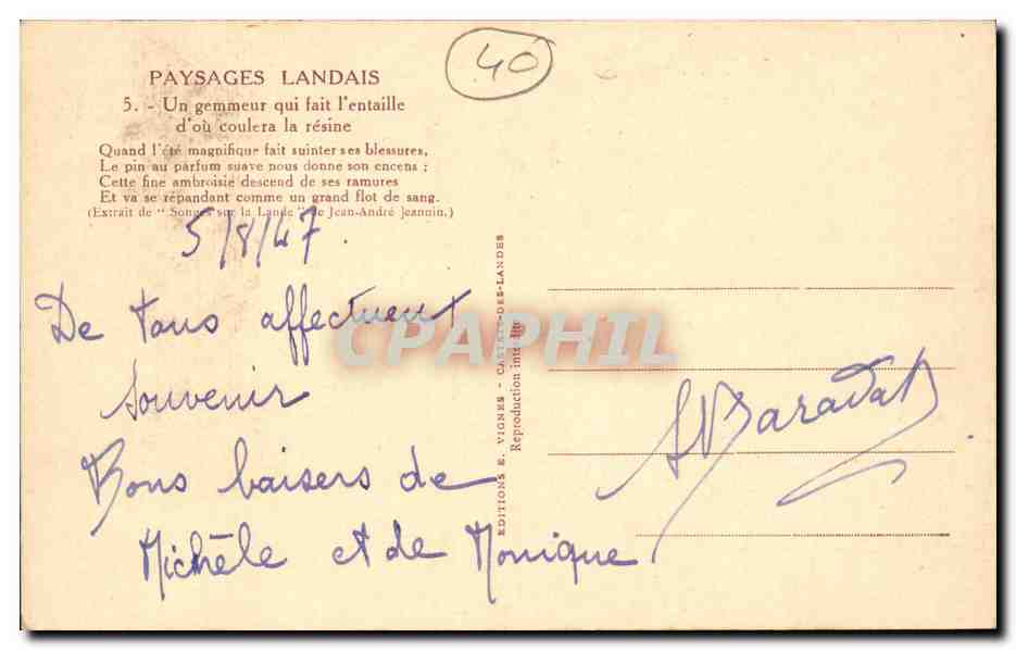 Un gemmeur qui fait l'entaille — Paysages Landais n°5 — Éditions E. Vignes - Castelnau-des-Landes — Reverso