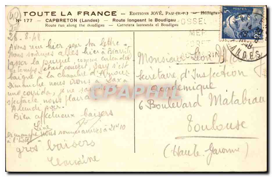 CApbreton CPA Route longeant le Boudigau — Rückseite
