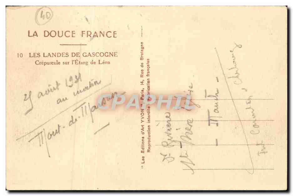Les Landes de GAscogne CPA Crepuscule sur l'etang de Leon — Back