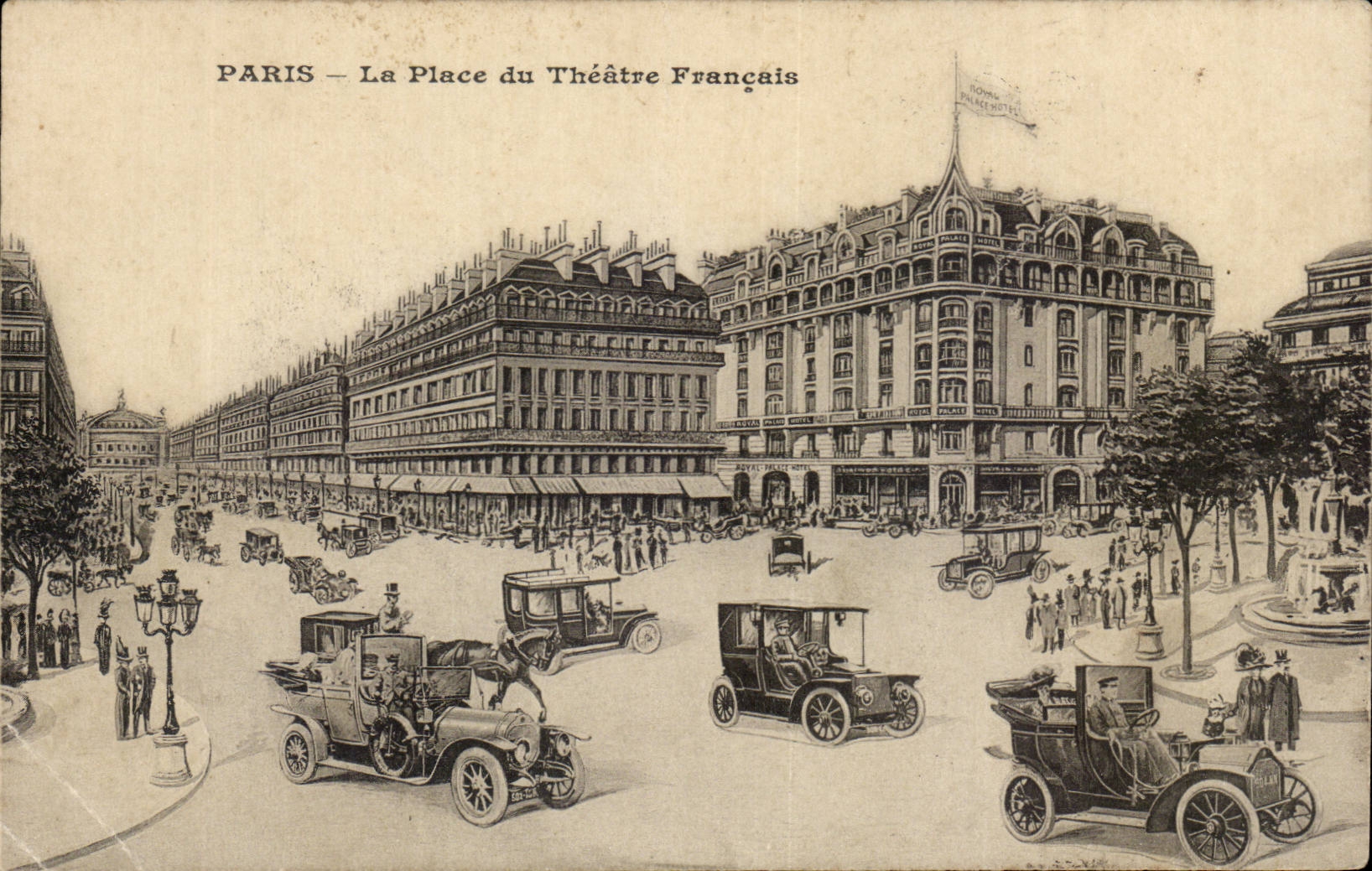 CPA Paris La place du theatre francais (publicite Royal Palace Hotel Rue de Richelieu)