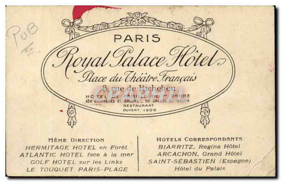 CPA Paris La place du theatre francais (publicite Royal Palace Hotel Rue de Richelieu) — Rückseite