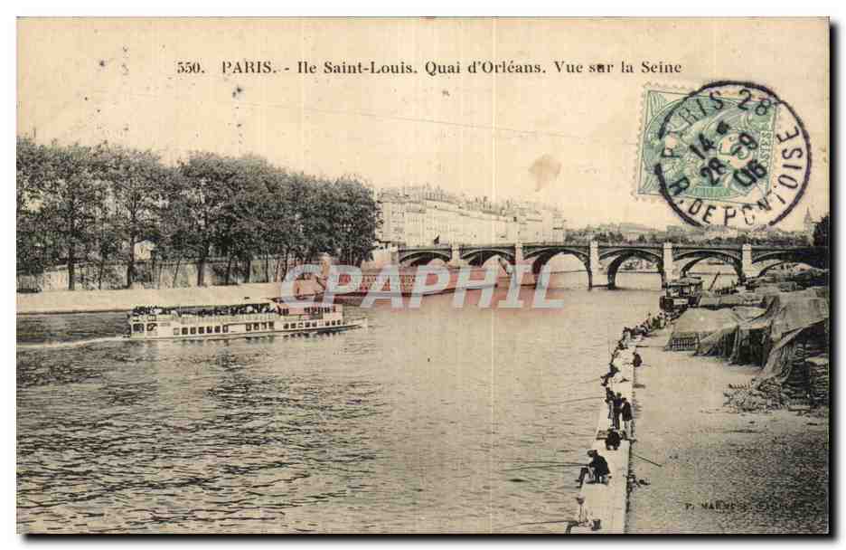 Paris CPA ile Saint Louis Quai d'Orleans Vue sur la Seine (pecheurs)