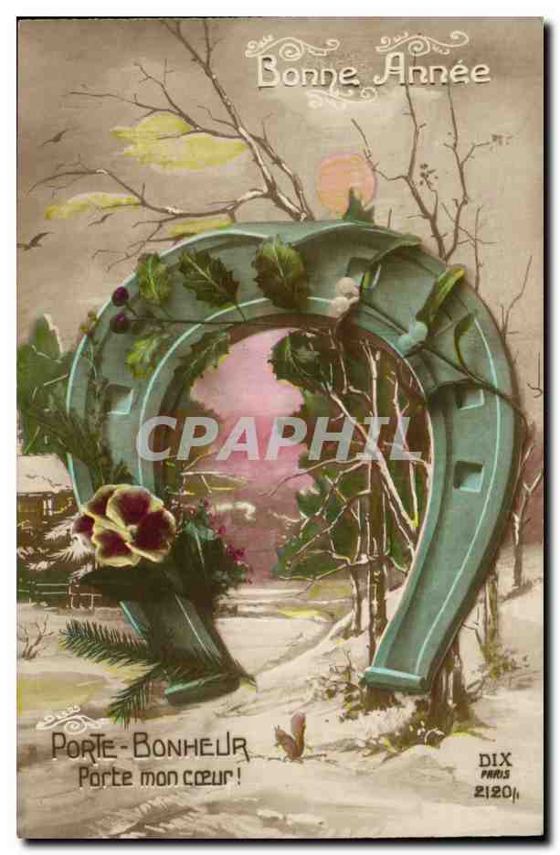 CPA Fantaisie Porte Bonheur Porte mon coeur ! Fer a cheval Bonne annee