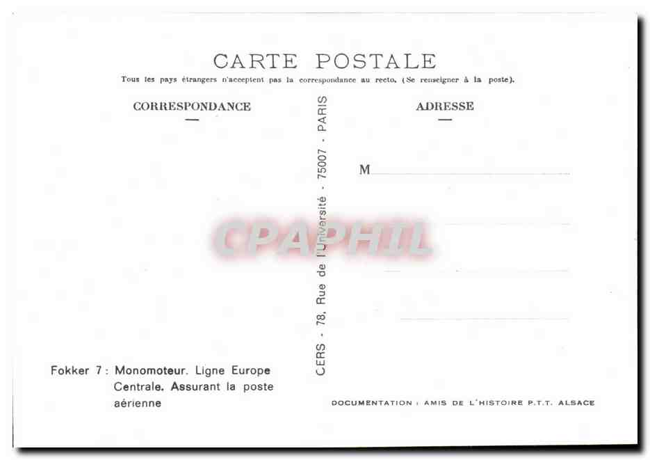 CPM Aviation Les avions Postaux (Fokker 7) — Rückseite