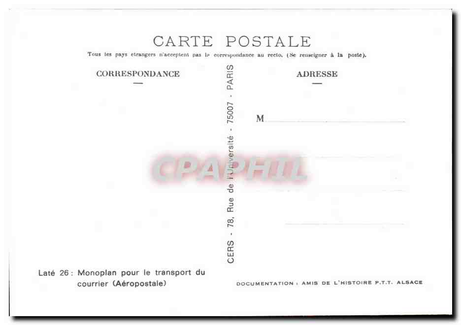 CPM Aviation Les avions Postaux (Late 26 1927) — Back