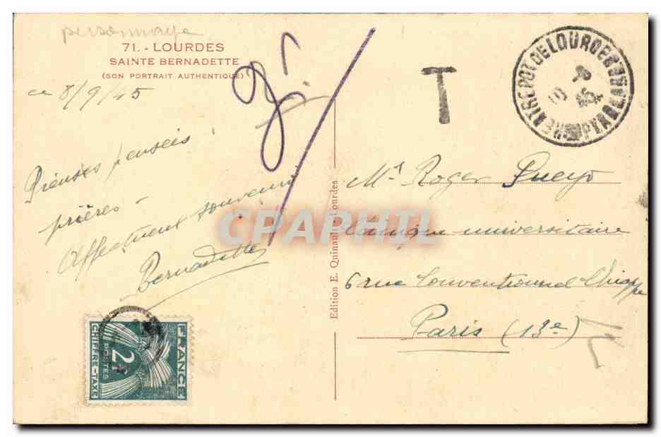 Lourdes CPA Sainte Bernadette Priez pour nous — Verso