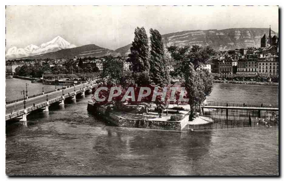 Suisse Geneve CPM Ile JJ Rousseau et Mt Blanc