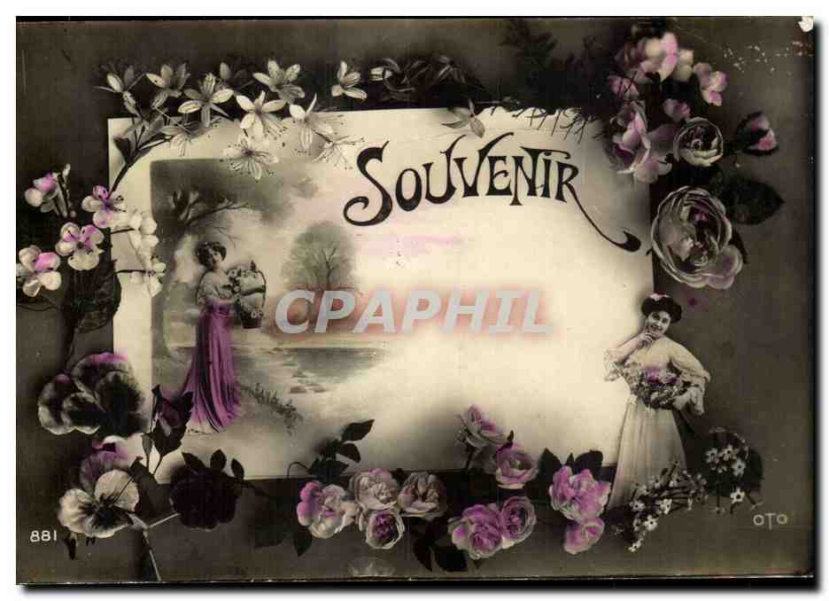 Souvenir — décor floral et scène de jardin — éditeur OTO, n° 881