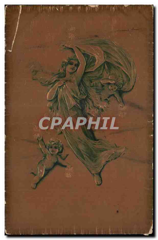 Tarjeta postal antigua Fantasía Mujer y ángel (ángel) (tarjeta dorada)