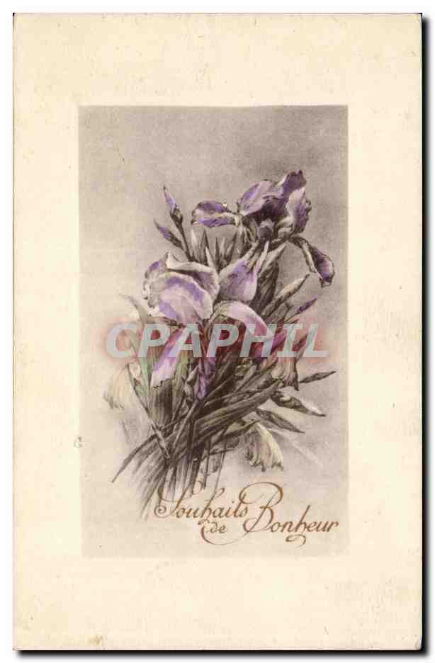 Bouquet d'iris — Souhaits de Bonheur — Em. Brothérioux, Imp. édit. Paris, Série N° 27