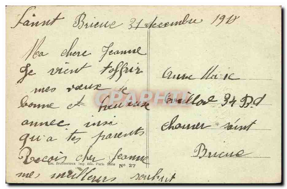 Bouquet d'iris — Souhaits de Bonheur — Em. Brothérioux, Imp. édit. Paris, Série N° 27 — Rückseite
