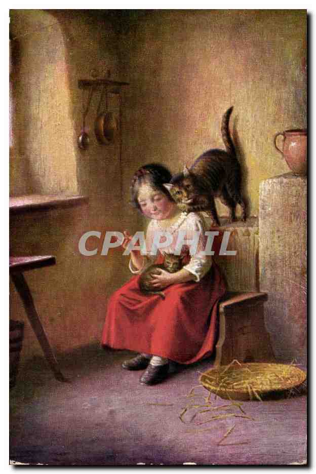 CPA Fantaisie Enfant et chat (cat)
