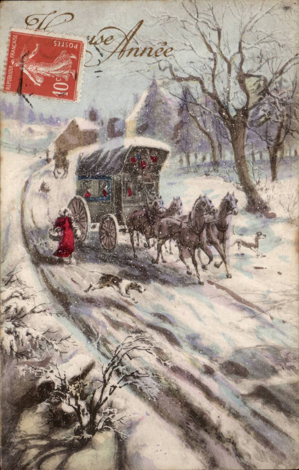 Castañar — Escena invernal con carruaje y perros — A. Brocheroux, Editor, París - Serie 29