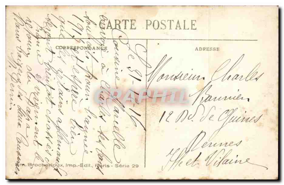 Castañar — Escena invernal con carruaje y perros — A. Brocheroux, Editor, París - Serie 29 — Reverso