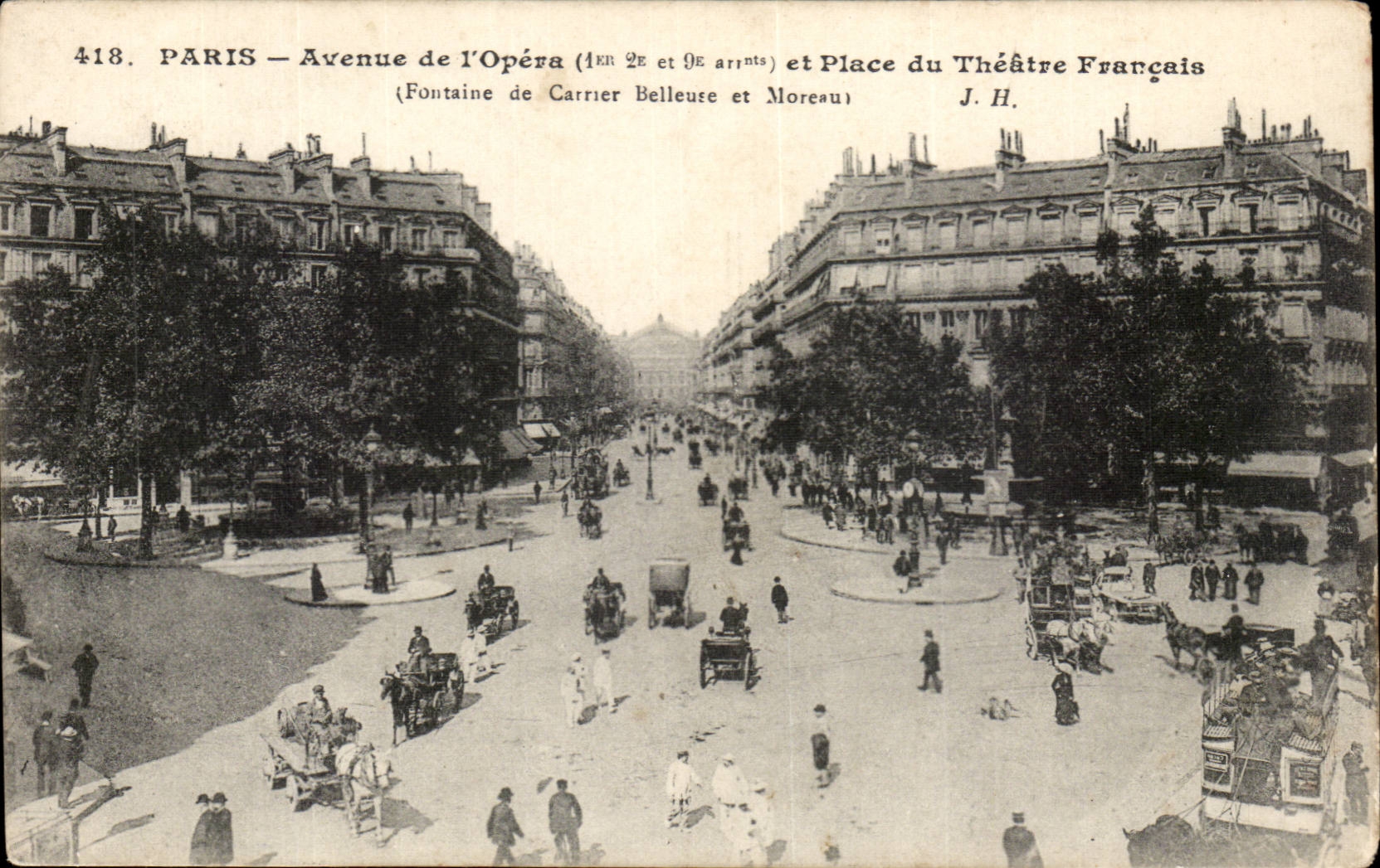 Paris CPA Avenue de l'Opera et place du theatre francais (fontaine de Carrier Belleure et Moreau)