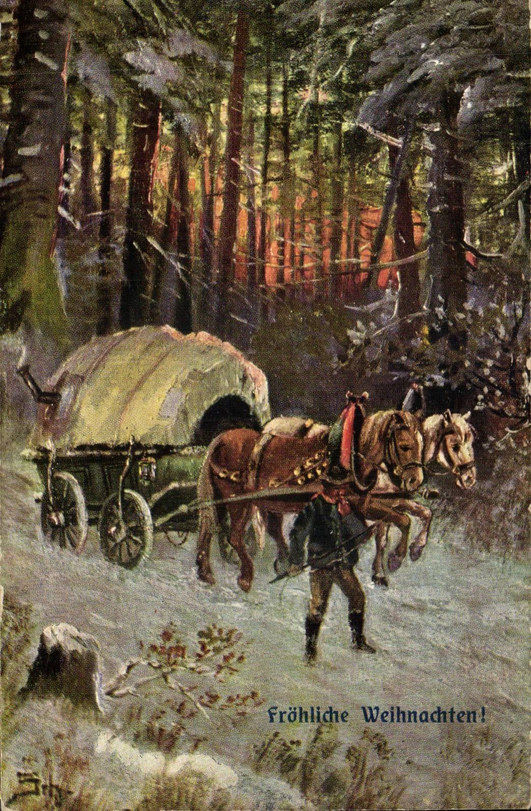 CPA Fantaisie Frohliche Weihnachten (Noel attelage chevaux)