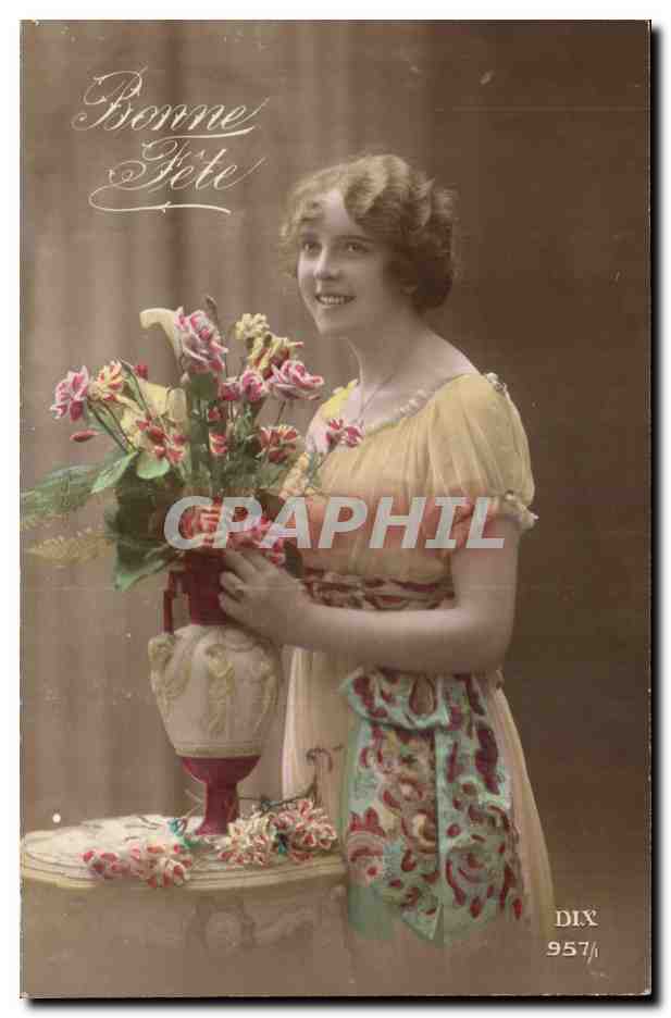 Jeune femme tenant un vase de fleurs — Bonne Fête — DIX 957/1