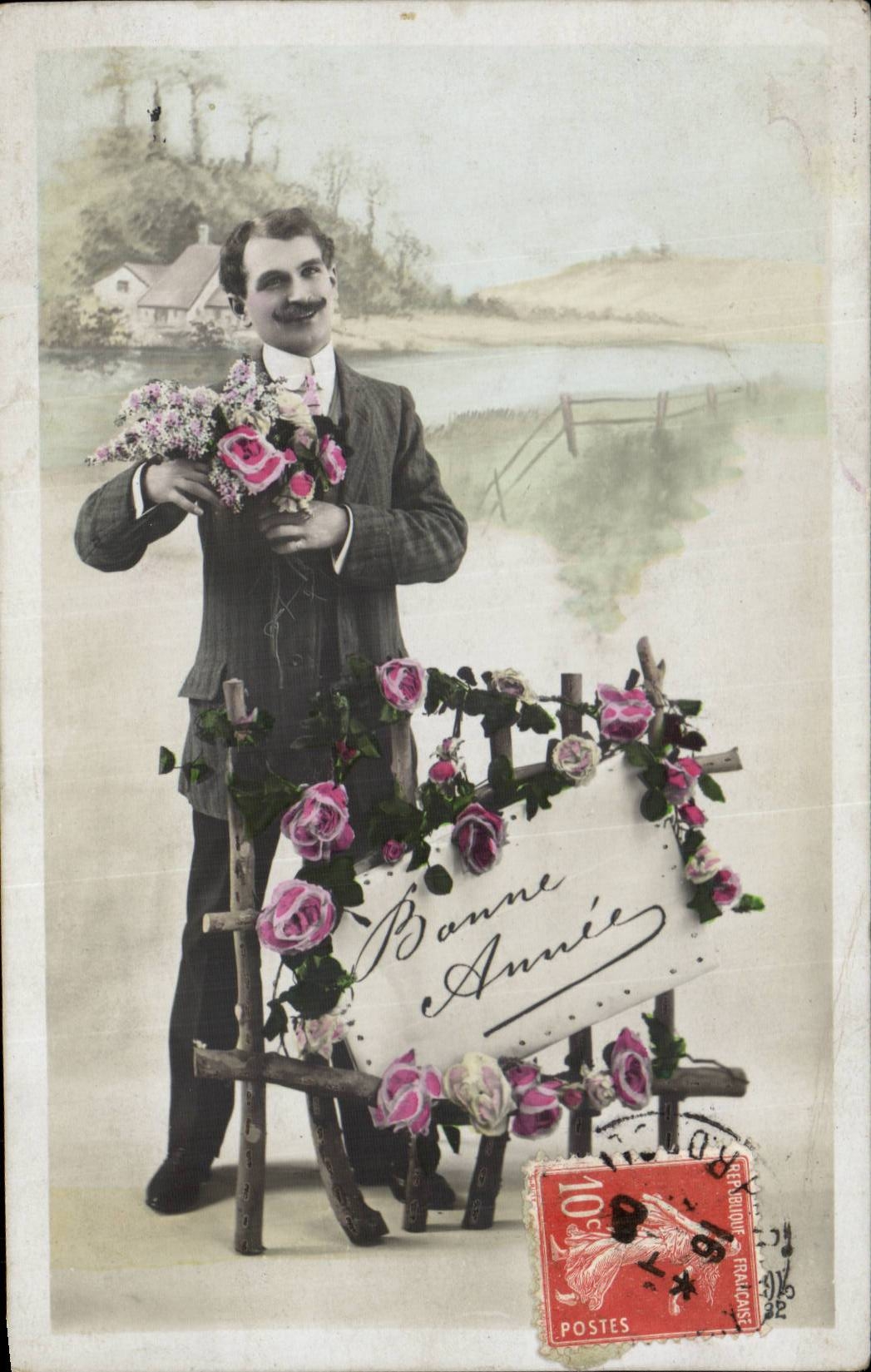 Homme avec bouquet — Bonne Année — République Française, 10c