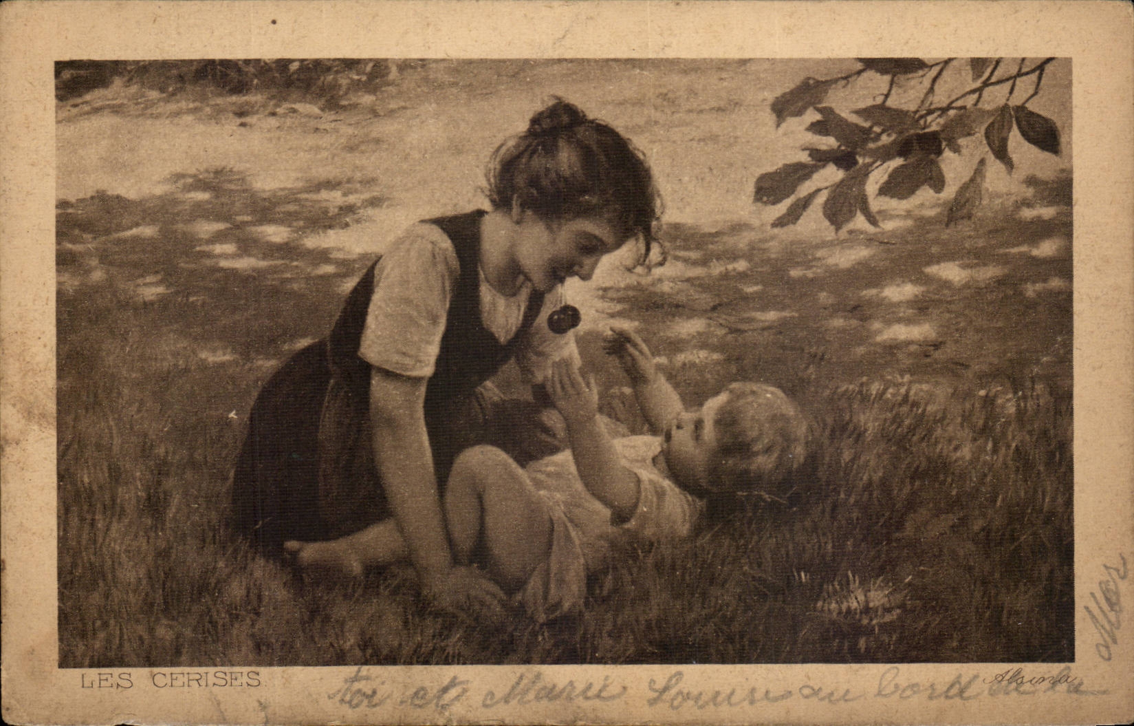 CPA Fantaisie Femme et bebe Les cerises