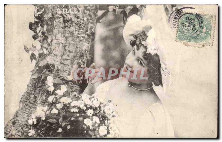 Femme en robe blanche et voile — devant arbre fleuri — éditeur GILLET
