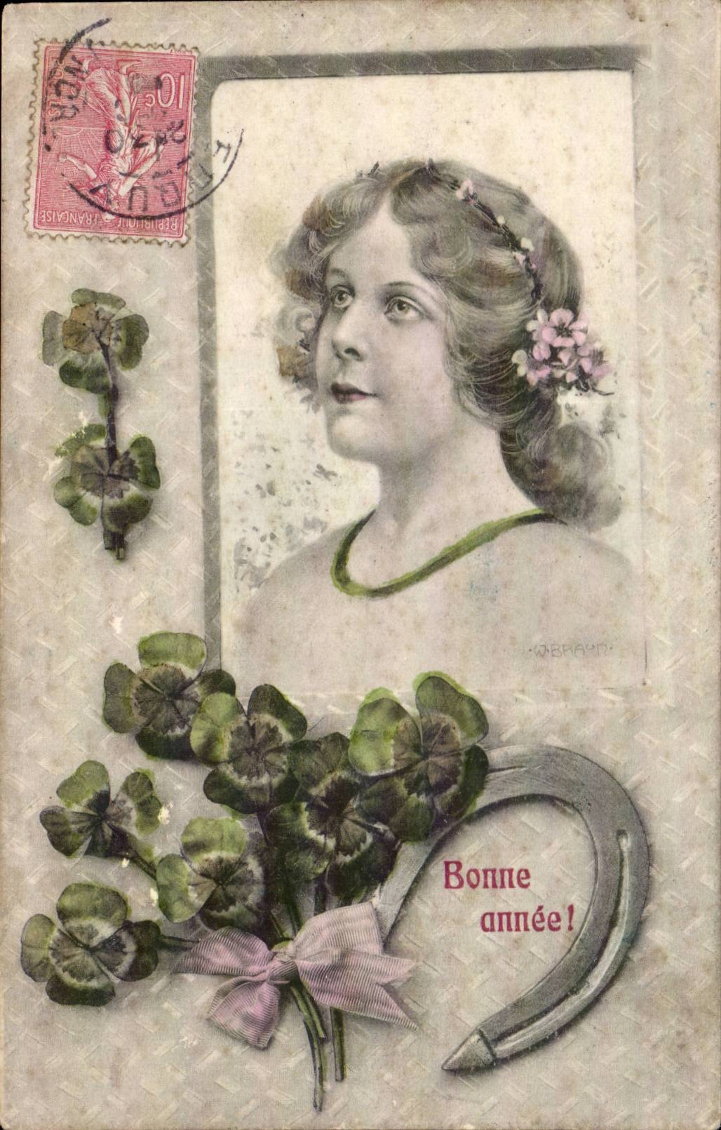 Mujer con flores y tréboles — ¡Feliz Año! — K. F. Editor, París, Serie 1158