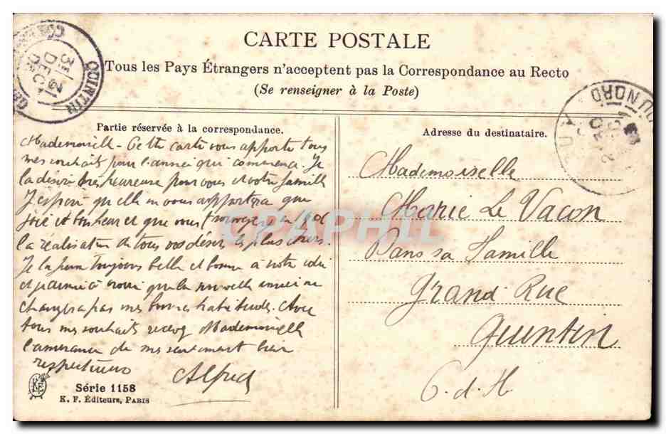 Mujer con flores y tréboles — ¡Feliz Año! — K. F. Editor, París, Serie 1158 — Reverso