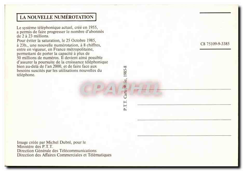 CPM Telecommunications 25 octobre 1985 Une nouvelle numerotation telephonique pour les francais — Rückseite
