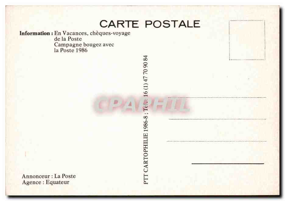 CPM La Poste En Vacances Cheques voyage de la Poste Bougez avec le poste 1986 (Patrick Martin Grafy Studio) — Rückseite