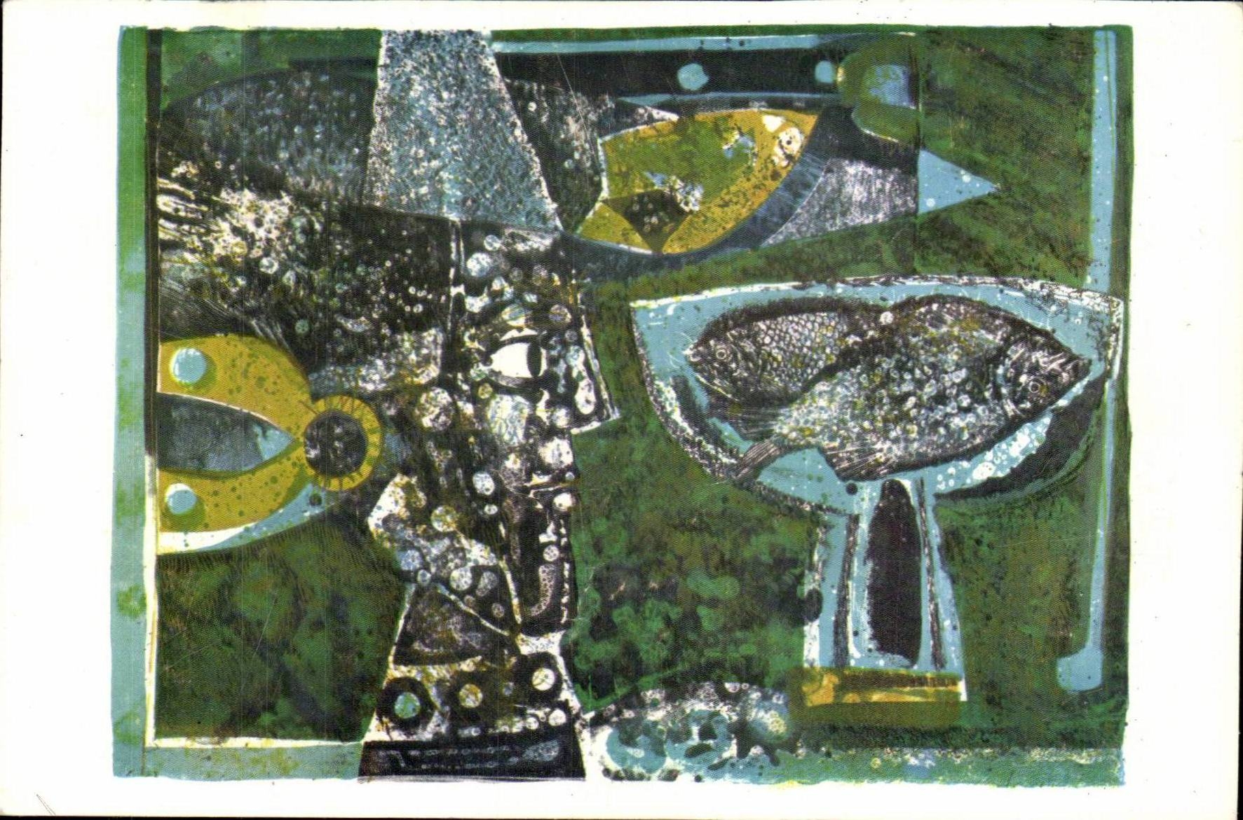 Composition abstraite — poissons et forme géométrique — éditeur non visible