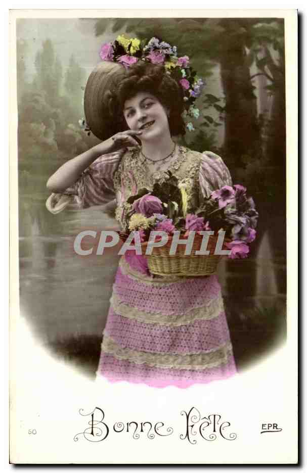 Giovane donna in abito rosa che porta un cesto di fiori — Buon Anno — EPR n° 60