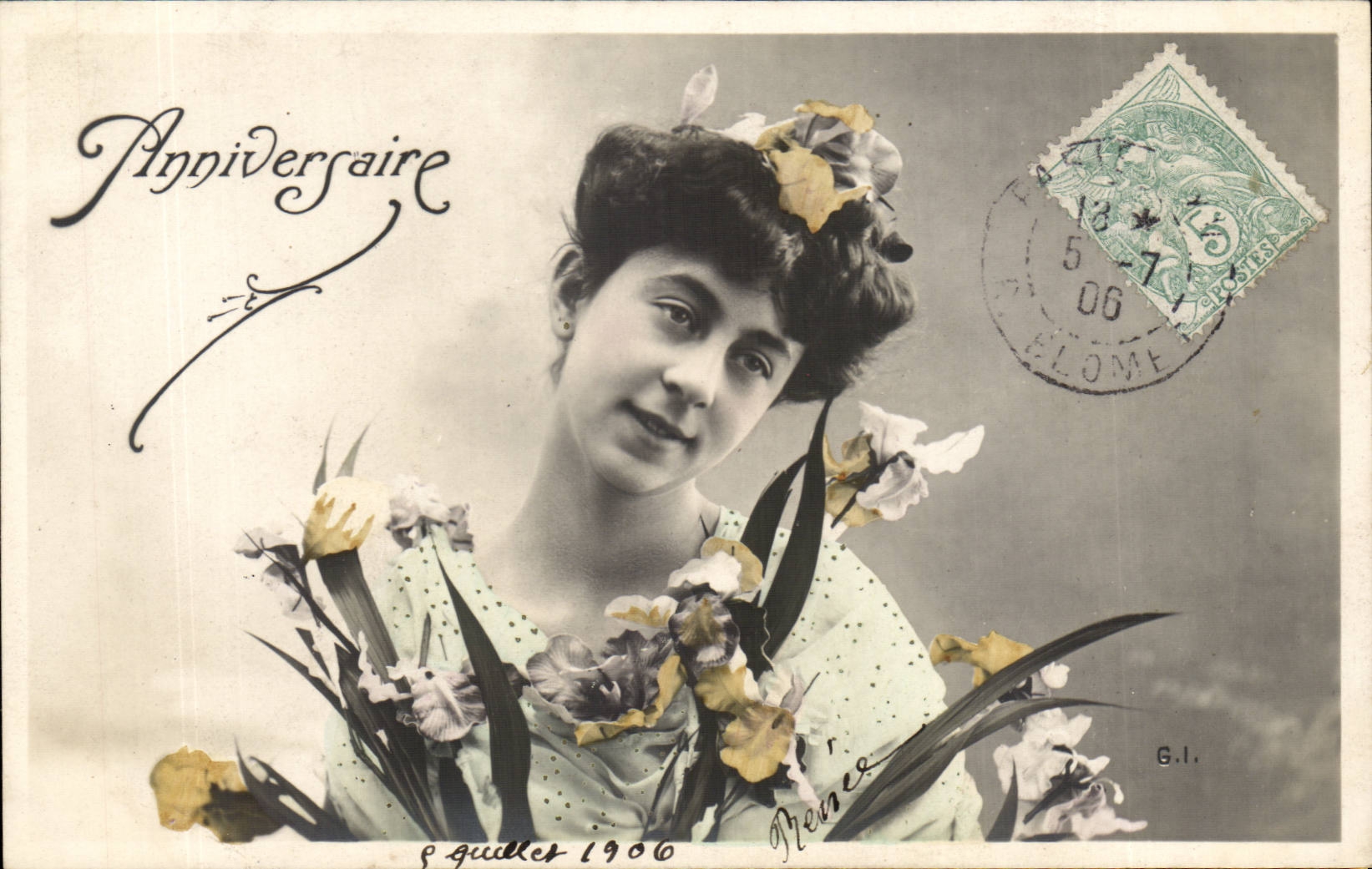 Geburtstagsgrüße — junge Frau mit Iris — Verlag G.I. n° 1906