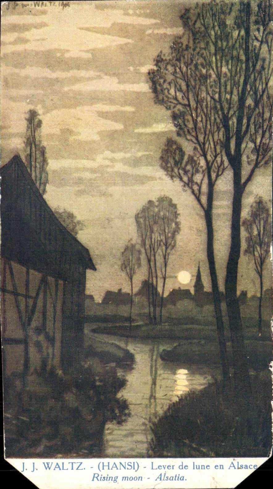 CPA Fantaisie Hansi Lever de lune en Alsace Illustrateur