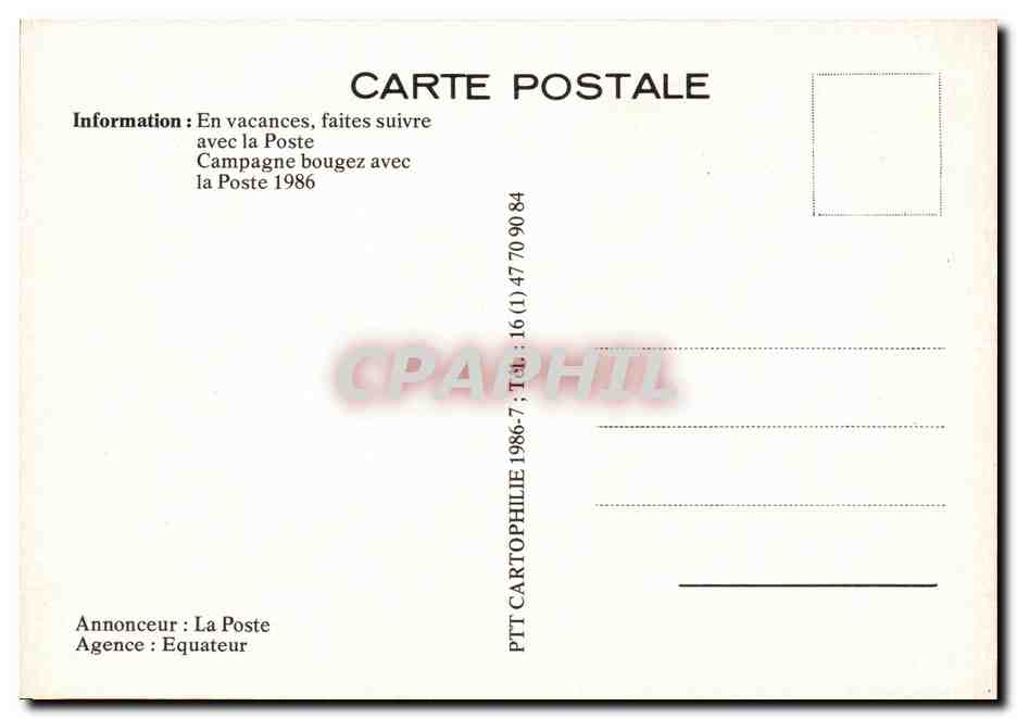 CPM La Poste En vacances faites suivre avec la poste bougez avec la poste 1986 — Rückseite