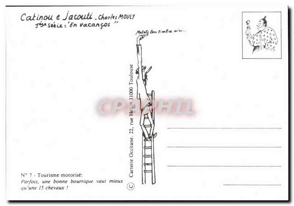 CPM Humour Dessin de Charles Mouly Tourisme motorise (automobile) ane donkey) — Rückseite
