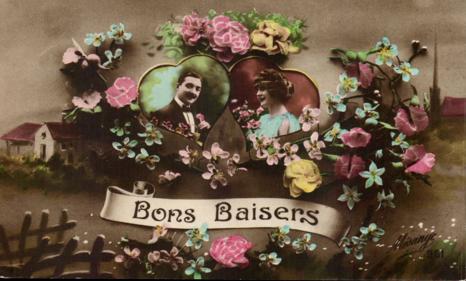 CPA Fantaisie Fleurs Couple Bons baisers