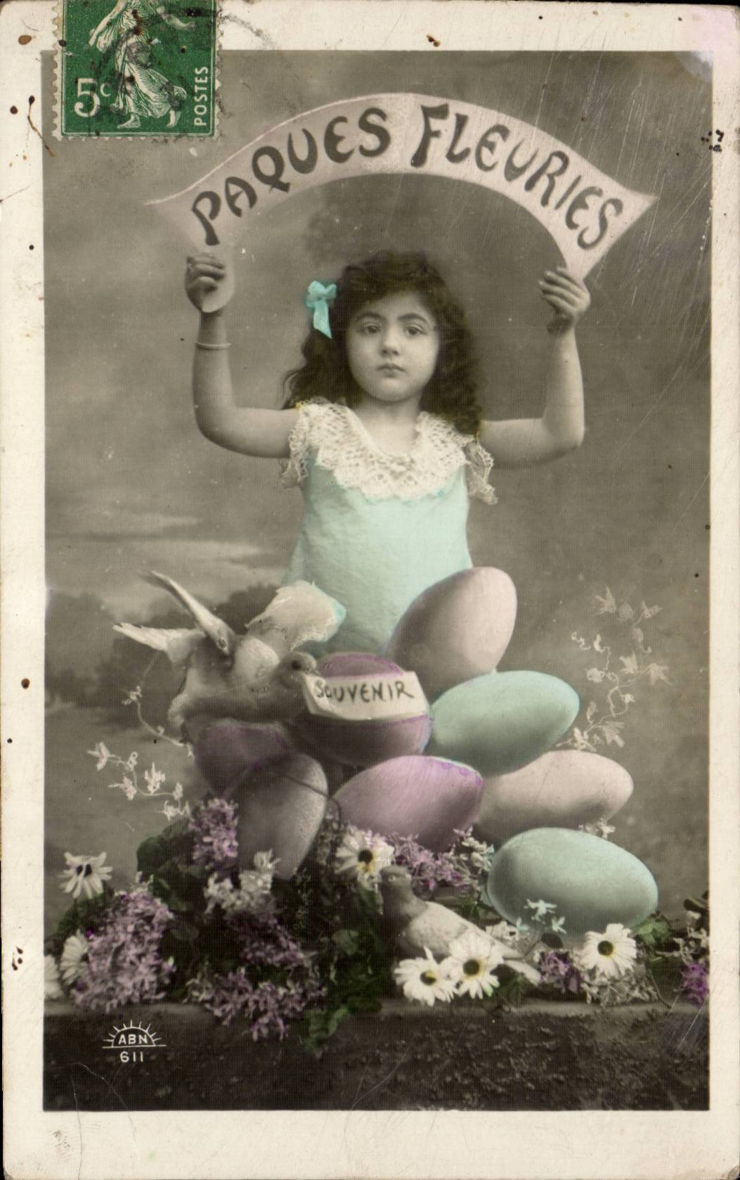 Fille avec œufs de Pâques colorés — Souvenir Fleuri — ABN 611