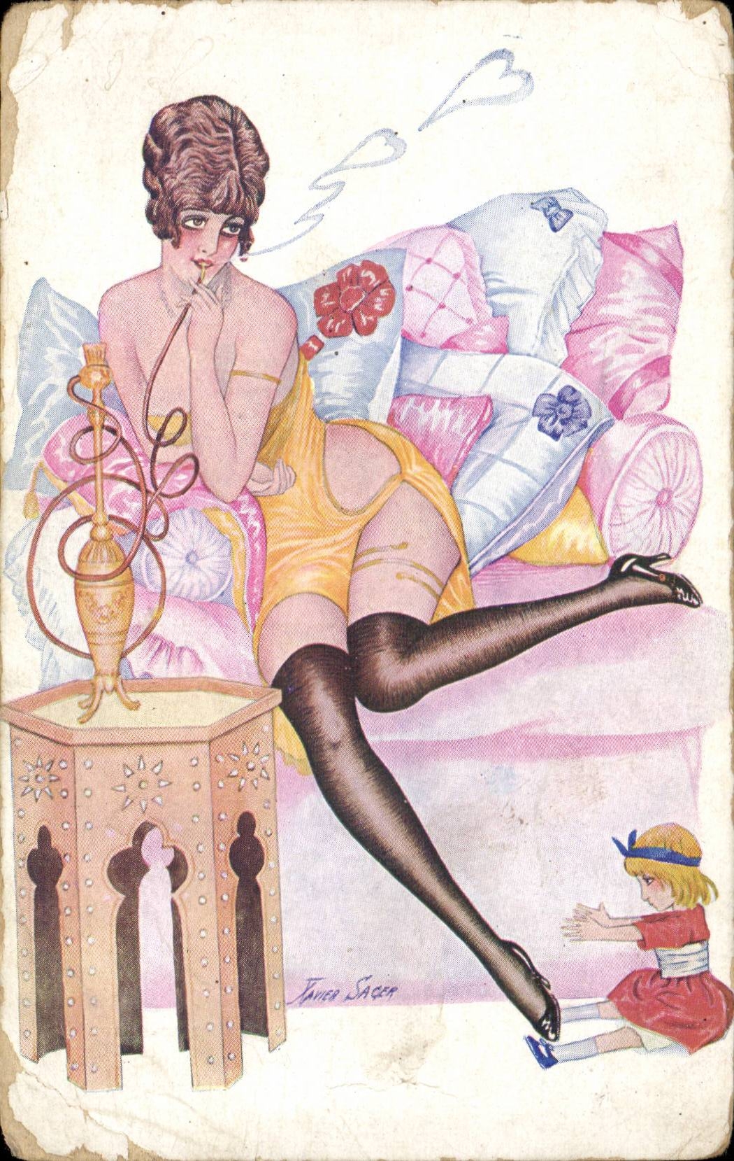 Femme en robe jaune et bas noirs — avec enfant — dessin de X. Sager — Série 54