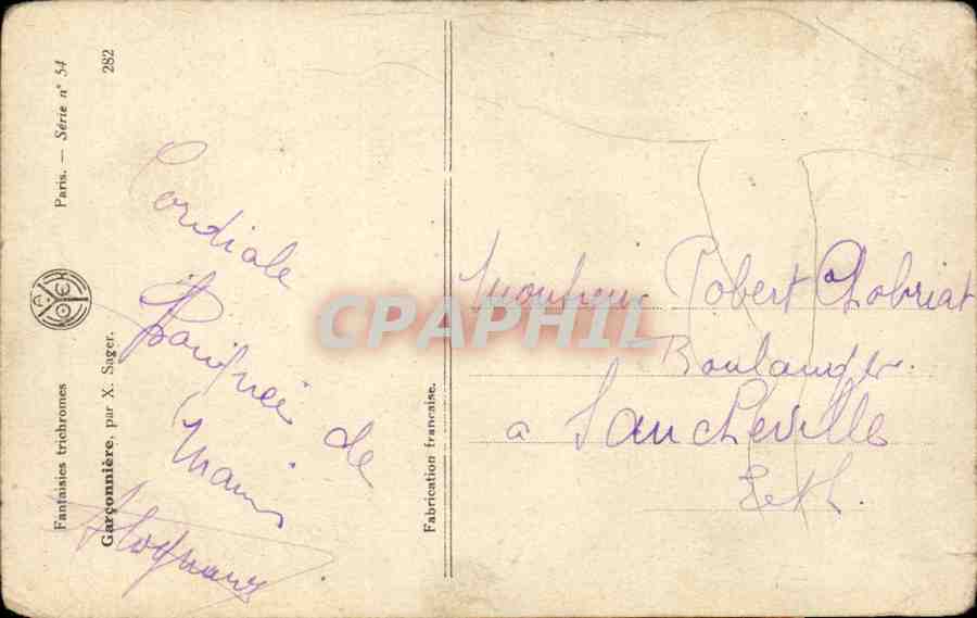 Femme en robe jaune et bas noirs — avec enfant — dessin de X. Sager — Série 54 — Verso