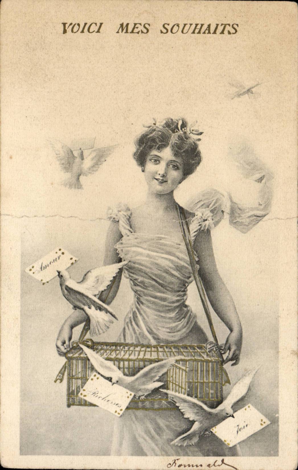 CPA Fantaisie Femme Voici mes souhaits (colombes cartes)