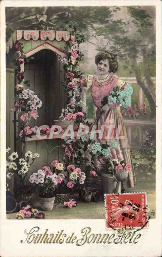 Mujer con flores — Felicitaciones de Buena Fiesta — editor anónimo, número de serie no visible