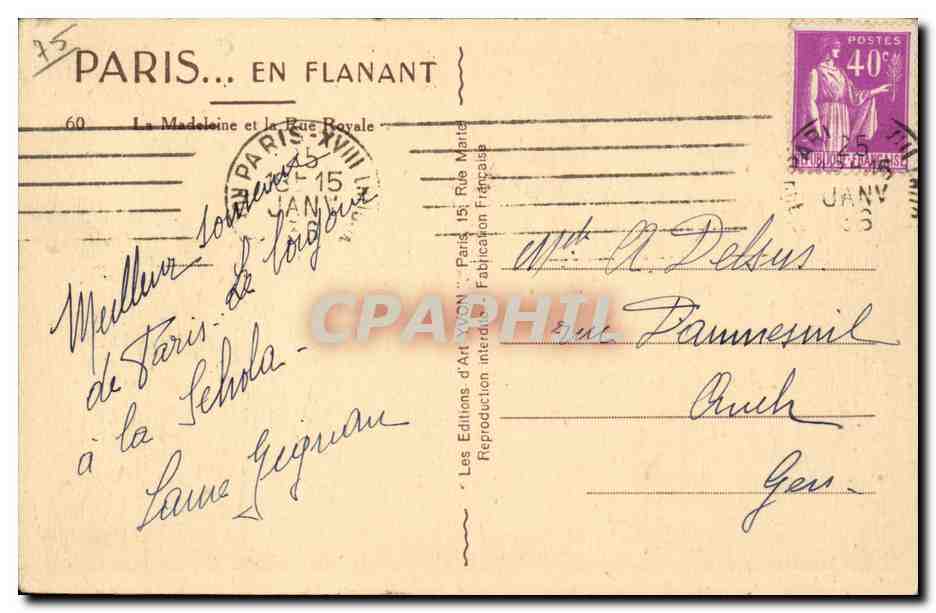 Paris CPA La Madeleine — Rückseite