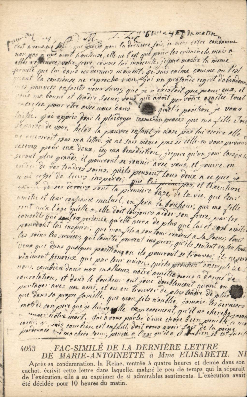 Paris CPA Fac simile de la derniere lettre de Marie Antoinette a mme Elisabeth