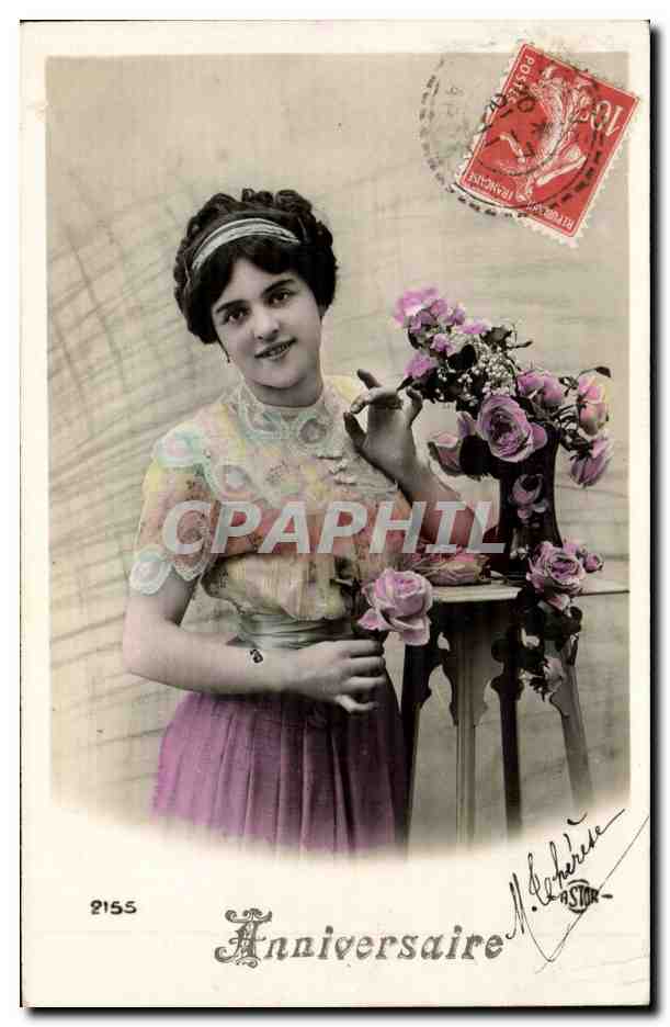 Jeune femme avec bouquet de roses — Anniversaire — M. Lefebvre, n° 2155