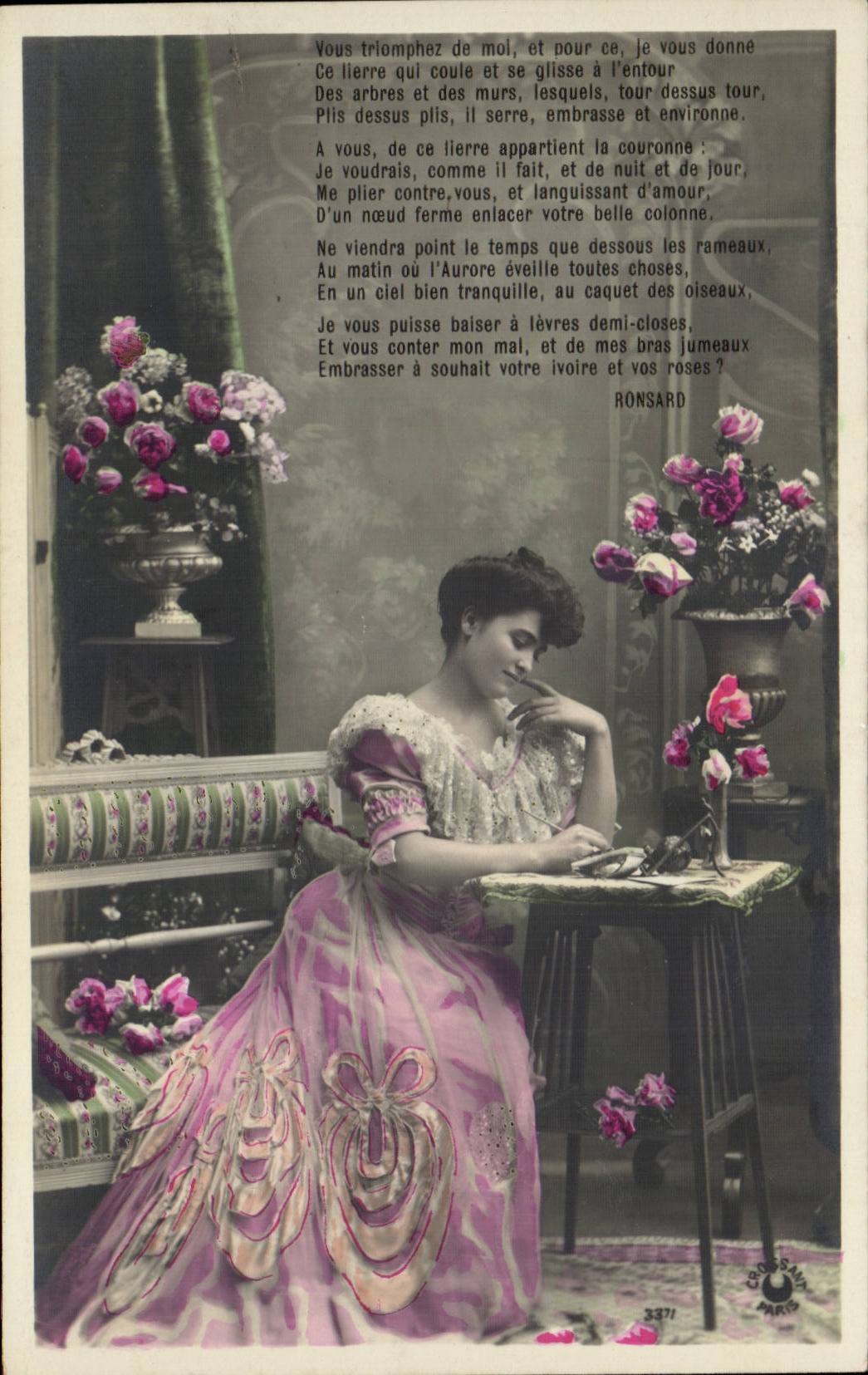 Femme en robe rose — poème de Ronsard — éditeur Crossain, n°337