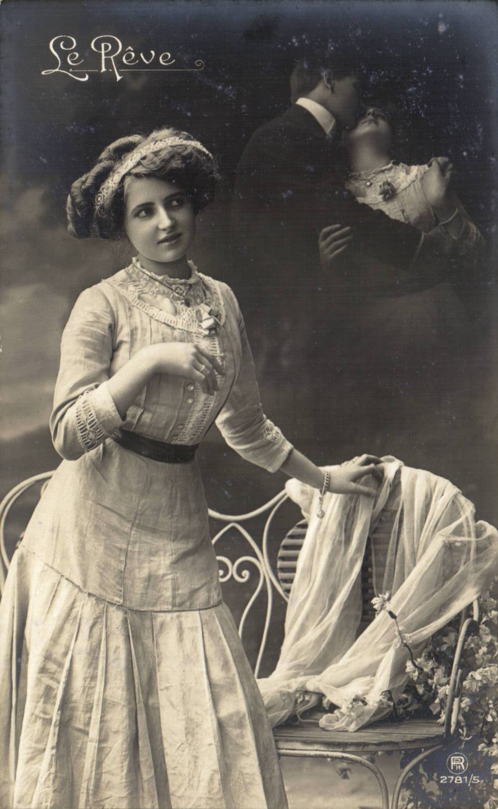 Femme en robe à col brodé — scène de rêve — éditeur Le Rêve, n° 2781/5