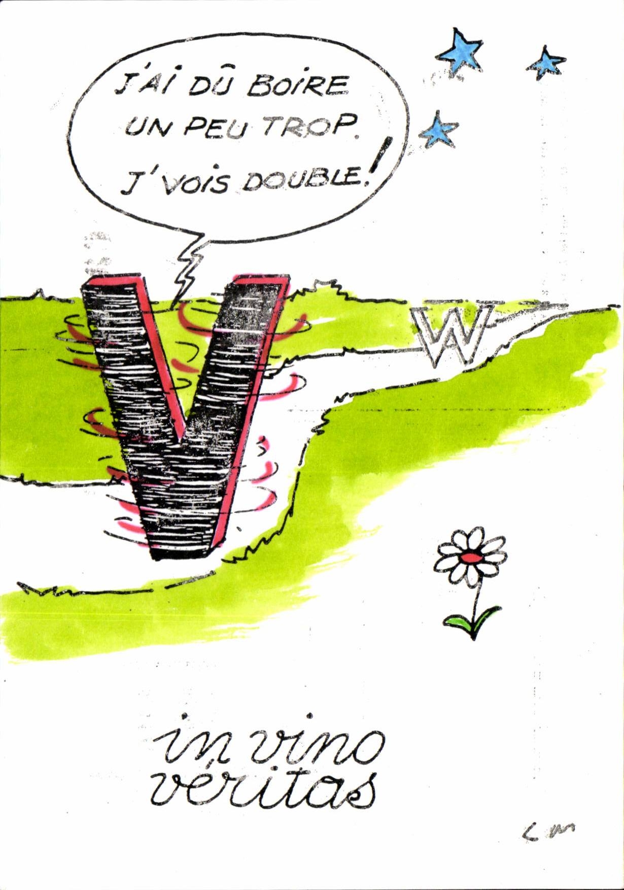CPM lettre V In vino veritas J'ai du boire un peu trop j'vois double