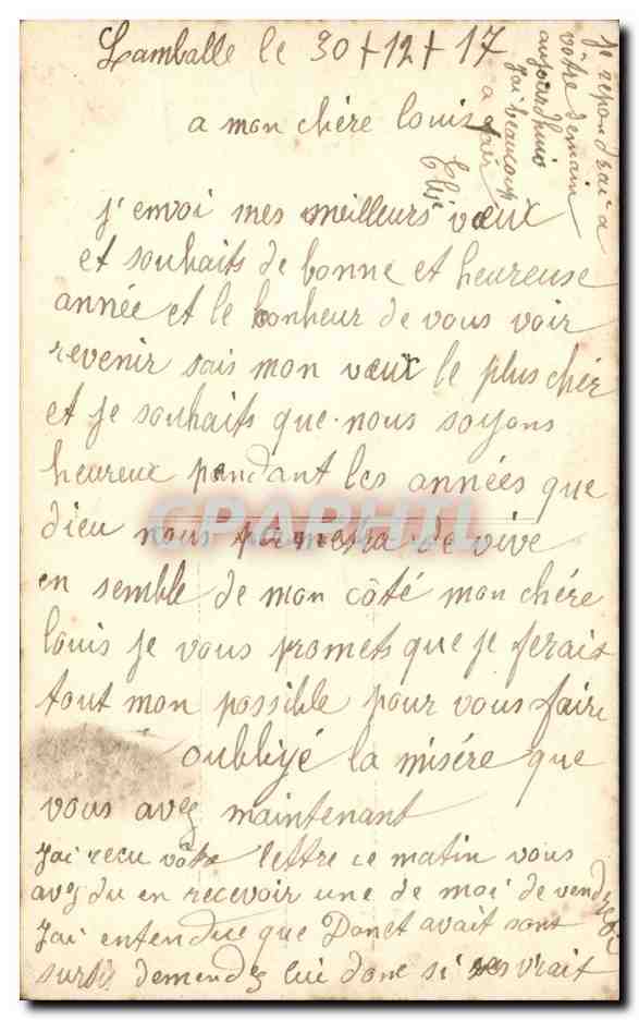 Coppia al vischio d'Amore l'anno nuovo — Cartolina di auguri con foglie di trifoglio — editore L. L. L. n° 14 — Verso